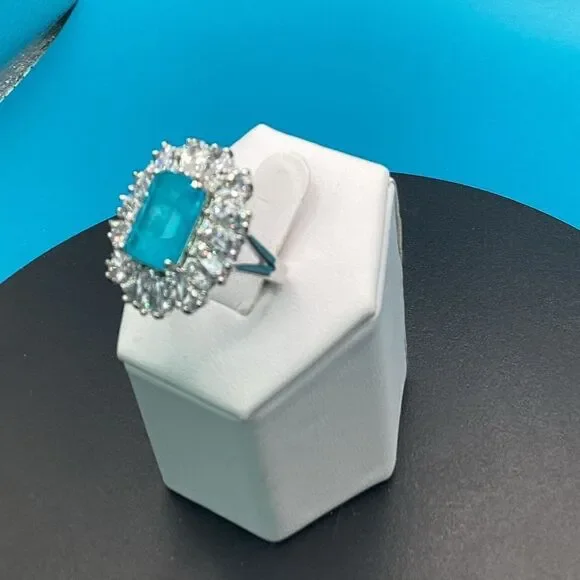 Gorgeous Vintage-Inspired Simulated Paraiba Tourmaline & CZ Halo Statement Ring